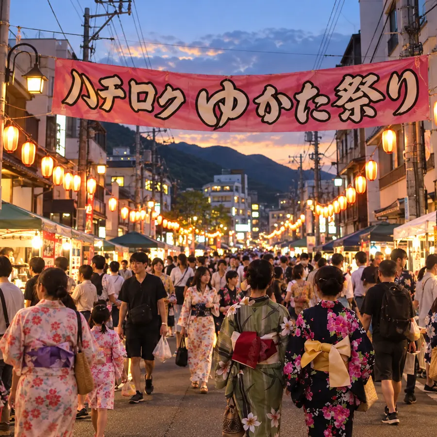 提灯が灯る通りを浴衣姿の人々が歩く、ゆかた祭りの様子