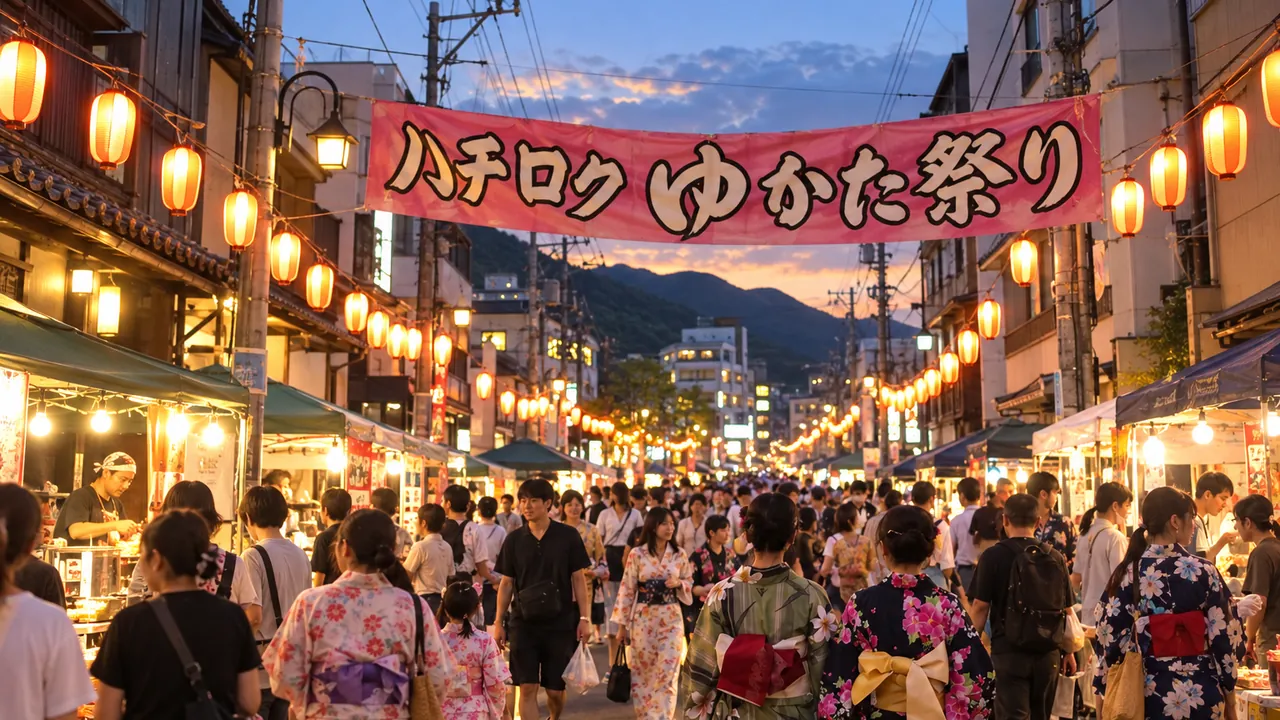 提灯が灯る通りを浴衣姿の人々が歩く、ゆかた祭りの様子