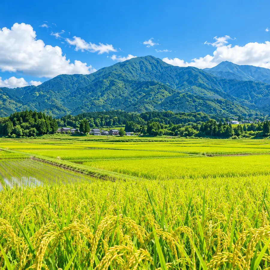 山並みを背に広がる緑の田んぼ