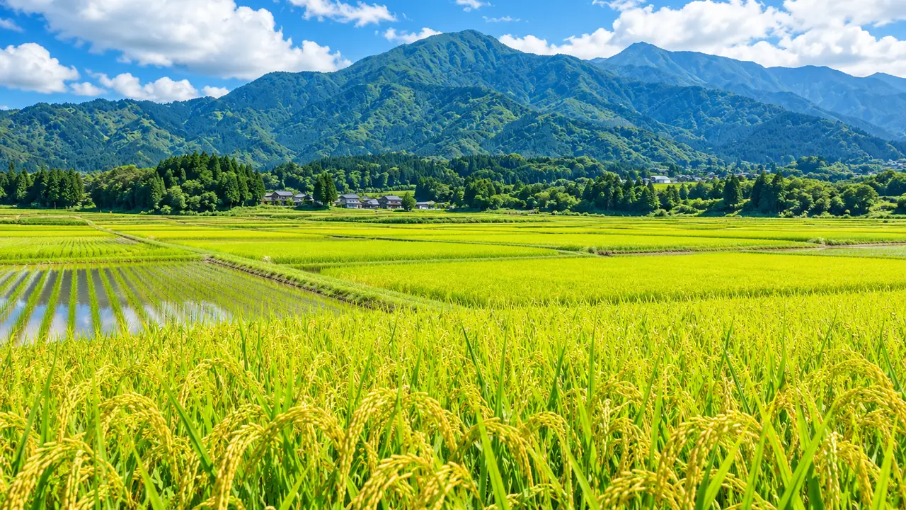 山並みを背に広がる緑の田んぼ